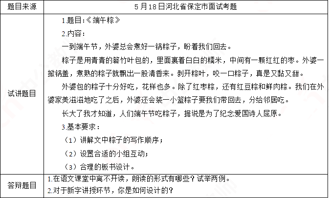 2019上半年上海教师资格证小学面试真题:端午粽