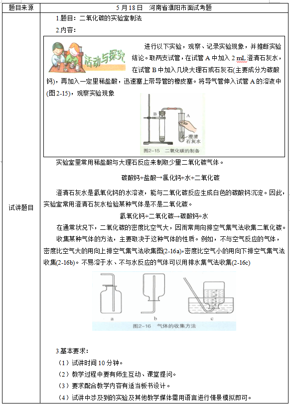 2019上半年上海教师资格证初中面试真题：二氧化碳的实验室制法