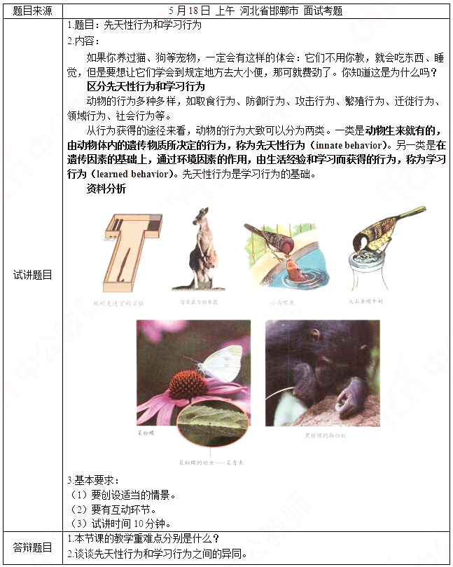 2019上半年上海教师资格证初中面试真题：先天性行为和学习行为