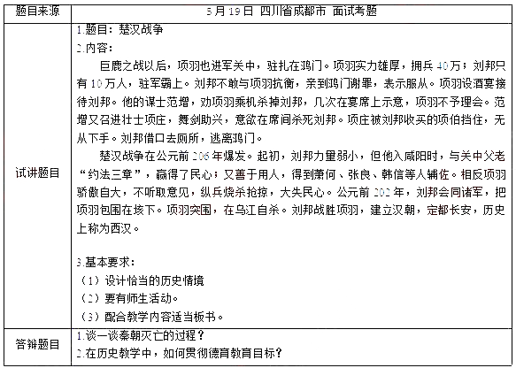2019上半年上海教师资格证初中面试真题：楚汉战争