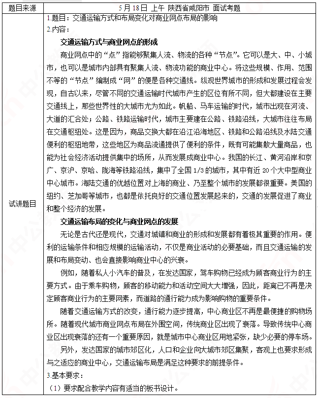 2019上半年上海教师资格证高中面试真题:交通运输方式和布局变化对商业网点布局的影响